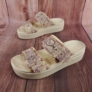 Crocs LiteRide Womens Sz 11 Brooklyn Snake Print Buckle Low Wedge Slides Sandals